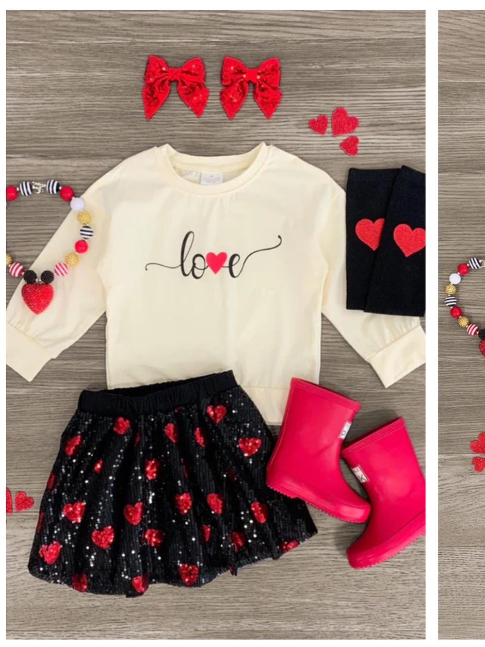 Cream 'Love' Top with Black Sequin Heart Skirt